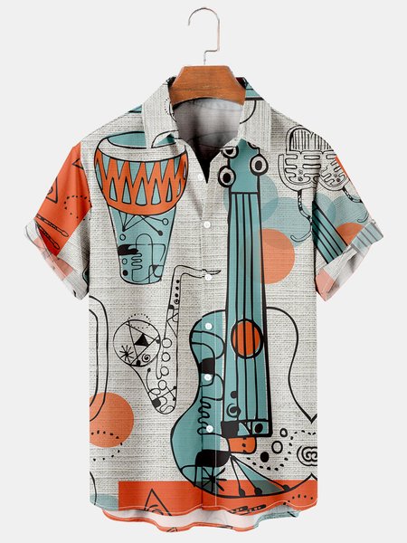 

Mens Music Folk Guitar Casual Breathable Short Sleeve Hawaiian Shirts, Gray, Men's Floral shirt