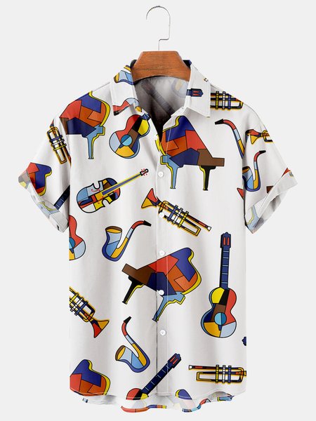 

Men's Music Collection Guitar Print Short Sleeve Shirt, White, Men's Floral shirt