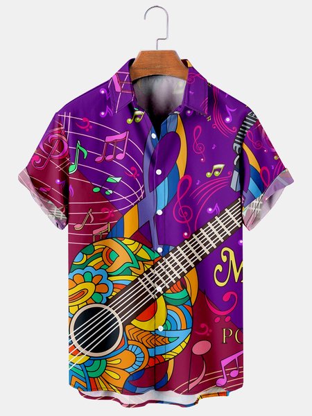 

Men's Music Guitar Print Casual Short Sleeve Shirt, Purple, Men's Floral shirt