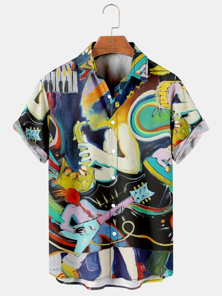 

Men's Music Collection Guitar Print Short Sleeve Shirt, As picture, Men's Floral shirt