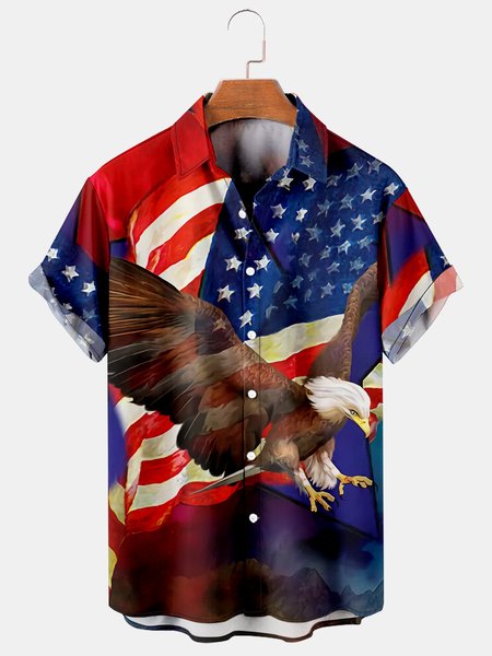 

Men's Flag Print Casual Breathable Short Sleeve Hawaiian Shirt, Blue, Men's Floral shirt