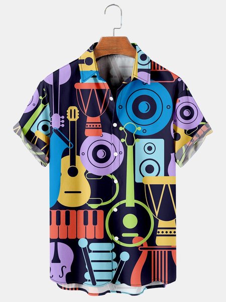 

Men's Music Collection Guitar Print Short Sleeve Shirt, As picture, Men's Floral shirt