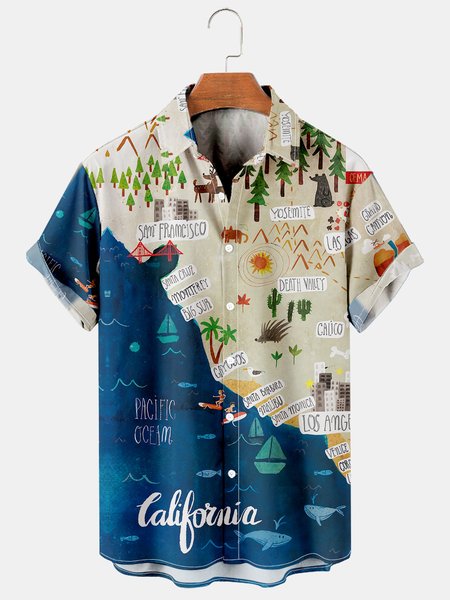

Mens Love Earth California Vacation Casual Breathable Short Sleeve Hawaiian Shirts, Blue, Shirts ＆ Blouse