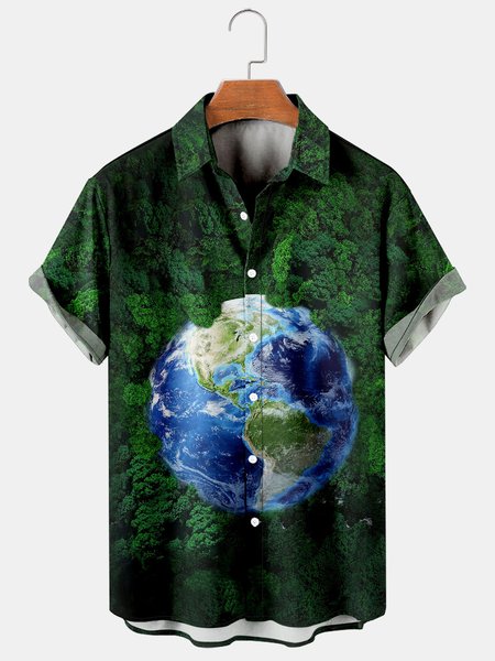 

Mens Earth Day Print Casual Breathable Short Sleeve Shirt, Green, Men's Floral shirt