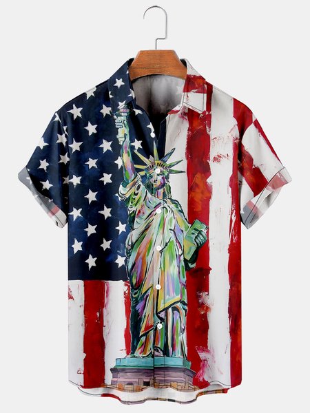 

Men's Flag Print Casual Breathable Short Sleeve Hawaiian Shirt, Red, Shirts ＆ Blouse