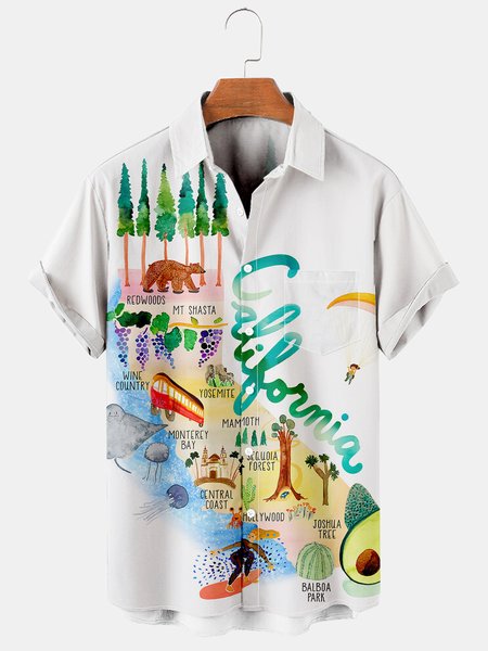 

Mens Love Earth California Vacation Casual Breathable Chest Pocket Short Sleeve Hawaiian Shirts, White, Shirts ＆ Blouse