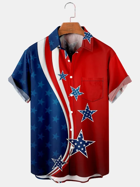 

Mens America Flag Casual Breathable Chest Pocket Short Sleeve Hawaiian Shirts, Red, Men's Floral shirt