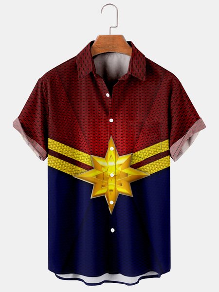 

Mens American Superman Print Casual Breathable Chest Pocket Short Sleeve Hawaiian Shirts, Red, Men's Floral shirt