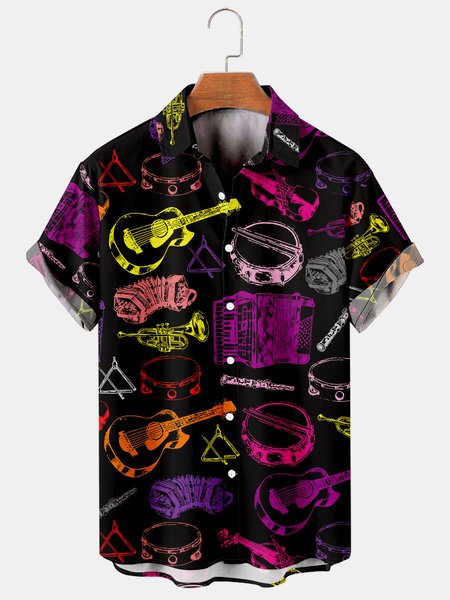

Men's Music Collection Guitar Print Short Sleeve Shirt, Black, Men's Floral shirt