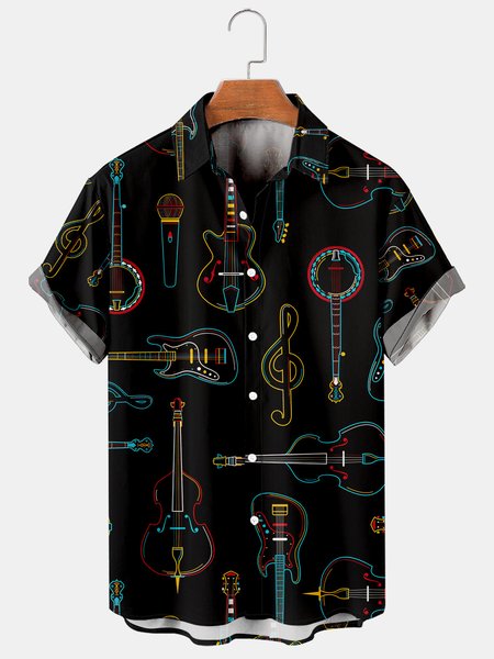 

Men's Music Collection Guitar Print Short Sleeve Shirt, Black, Men's Floral shirt