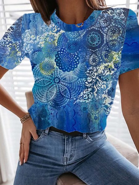 

Crew Neck Floral Cotton Blends Shirts & Tops, Blue, T-Shirts