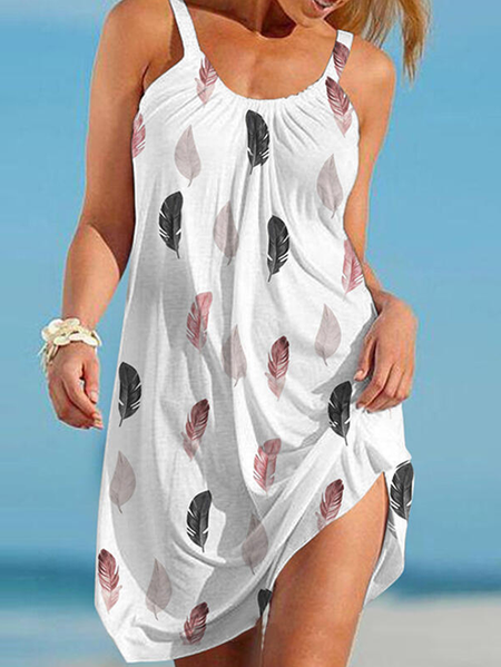 

Colorful Feather Print Sleeveless Resort Dress Vacation Loosen Feather Dresses, White, Floral Dresses