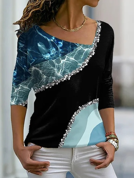 

Ombre V Neck Casual Shirts & Tops, Blue, Long sleeve tops