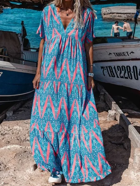 

Casual Loosen Geometric Short sleeve Woven Dress, Blue, Maxi Dresses