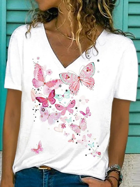 

Fun Butterfly Print Casual V-Neck Short Sleeve T-Shirt, White, Tees & T-shirts