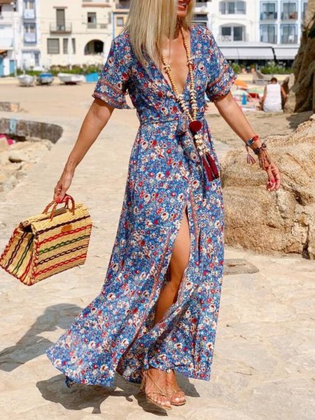 

Boho Floral V Neck Short Sleeve Short sleeve Woven Dress, Blue, Maxi Dresses