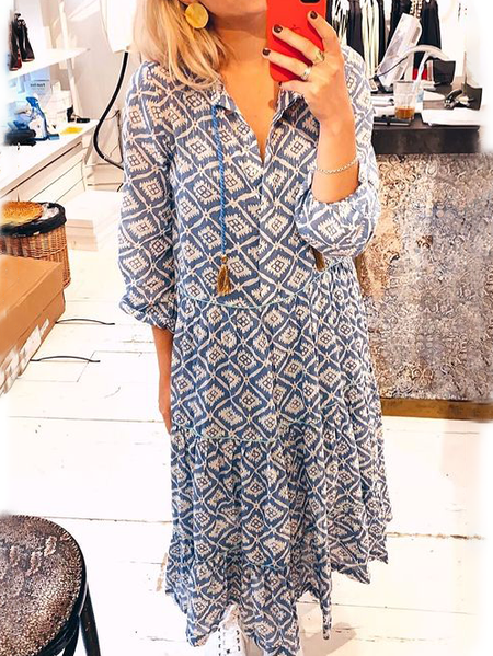 

Lapel Boho Long sleeve Woven Dress, Blue, Midi Dresses
