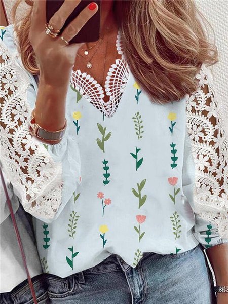 

V Neck Casual Cotton Blends Long sleeve tops, Blue, Blouses & Shirts