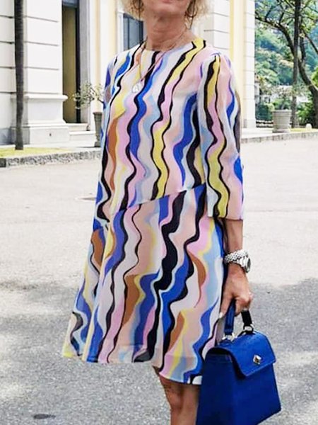 

Crew Neck Striped Casual Long sleeve Woven Dress, Blue, Mini Dresses