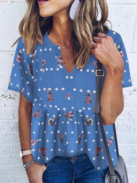 

Floral Print Polka Dot Print V Neck Short Sleeve Blouse Tops, Blue, Tunics