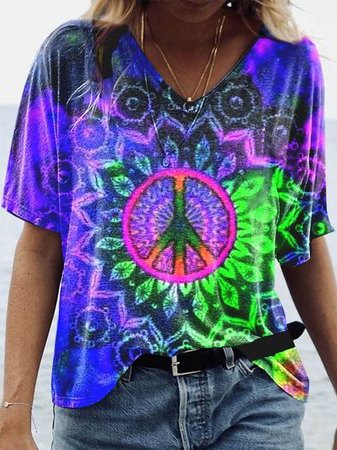 

Cotton Blends Vacation V Neck Shirts & Tops, Multicolor, T-Shirts