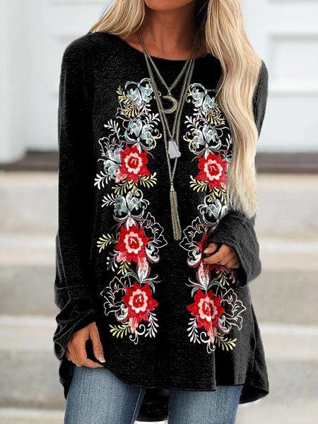 Floral Long Sleeves Crew Neck Plus Size Casual Tunic Tops, Black, T-Shirts