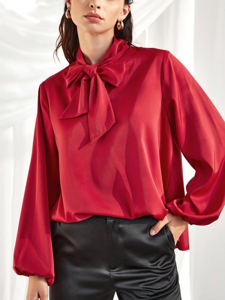 

Solid Bishop Sleeve Elegant Tie Neck Top, Red, Tops