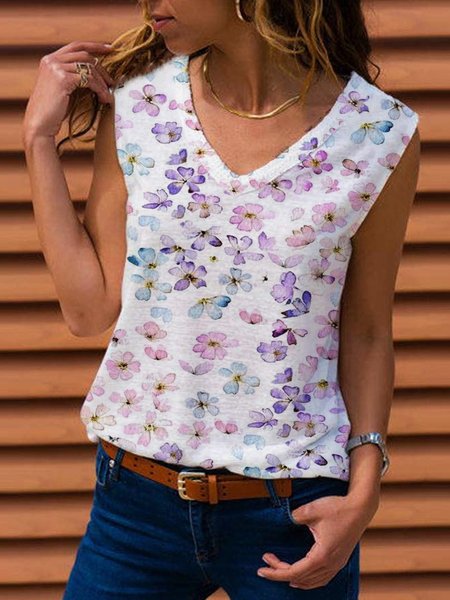 

Floral Casual V Neck Loosen Knit Tank, White, Tank Top