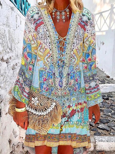 

V Neck Flare Sleeve Tribal Long Sleeves Short Boho Dresses, Blue, Mini Dresses