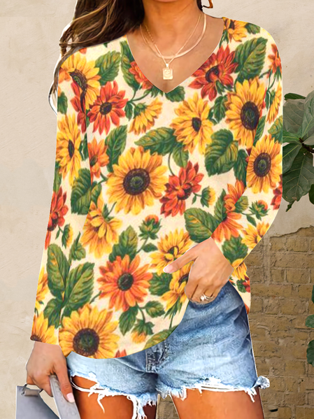 

Casual Floral Long sleeve tops, Yellow, Long sleeves