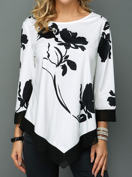 

Floral Long sleeve tops, White, Tops