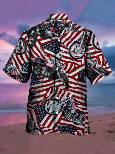 

Men's Flag Print Casual Breathable Short Sleeve Hawaiian Shirt, Red, Men's Floral shirt