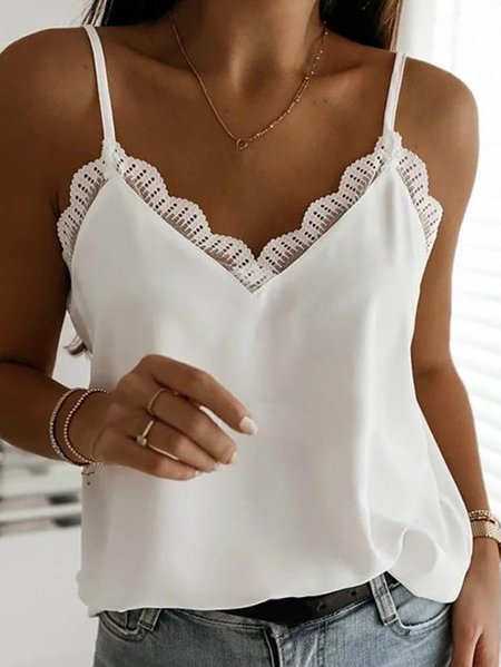 

Spaghetti Guipure Casual Plain Vests, White, Tanks & Camis