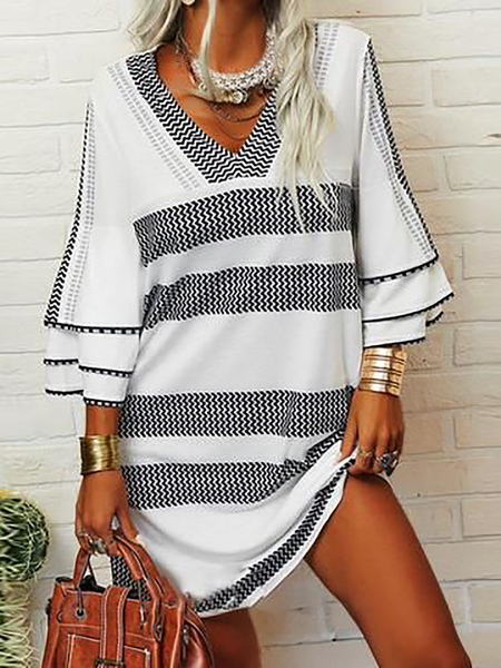 

Plus size Boho V Neck Dresses, White, Mini Dresses