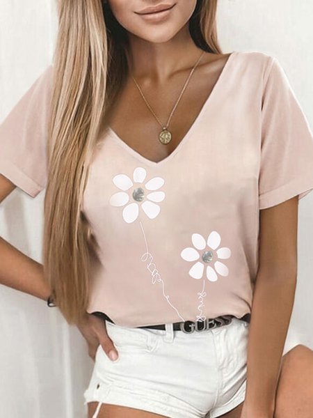 

Romantic Floral Printed Loosen Cotton Blends V Neck Shirts & Tops, Pink, T-Shirts