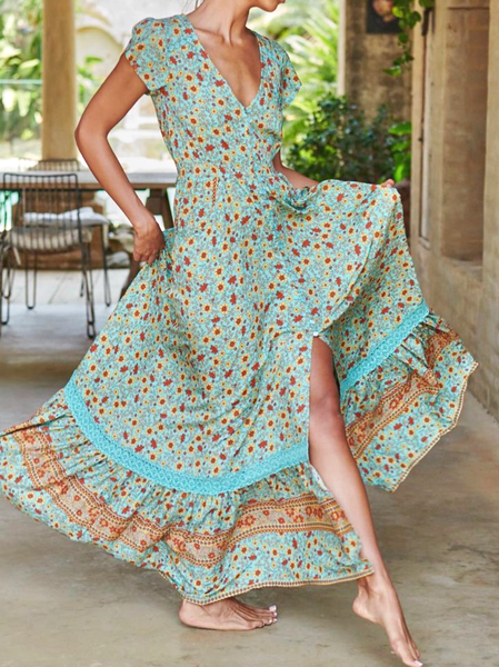

Plus size Short Sleeve Floral Boho Dresses, Multicolor, Maxi Dresses