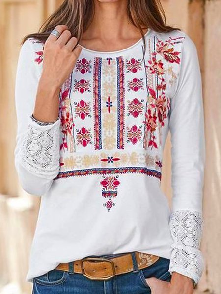 

Geometric Boho Floral Printed Cotton Blends Crew Neck Loosen Shirts & Tops, White, T-Shirts