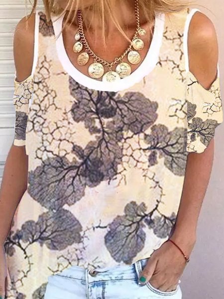 

Cotton Blends Casual Short Sleeve T-shirt, Flower, T-Shirts