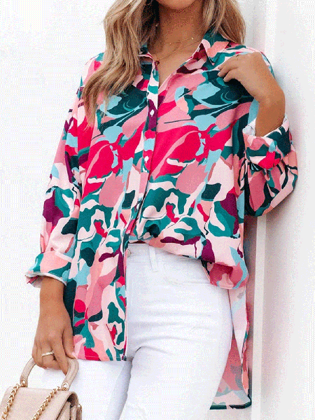 

Casual Printed Long Sleeve Button Down Shirt, Red, Blouses & Shirts