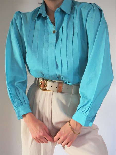 

Casual Shirt Collar Long Sleeve Solid Shirt, Blue, Blouses and Shirts
