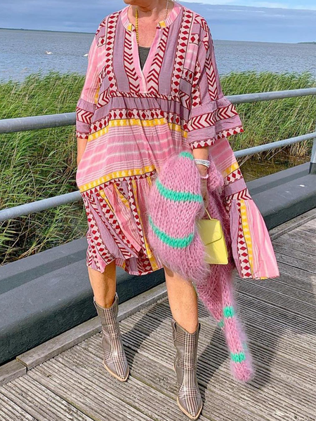 

V Neck Loosen Striped Short sleeve Woven Dress, Pink, Dresses