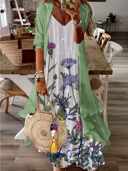 

Casual Vacation Regular Fit Floral Suits Coat With Dress, White, Suit Set