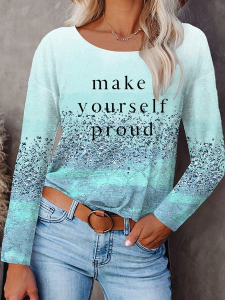

Letter Ombre Printed Casual Loosen Crew Neck Cotton Blends Shirts & Tops, Multicolor, T-Shirts