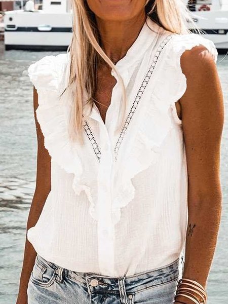 

Buttoned Stand Collar Cotton Woven Tank, White, Tank Top