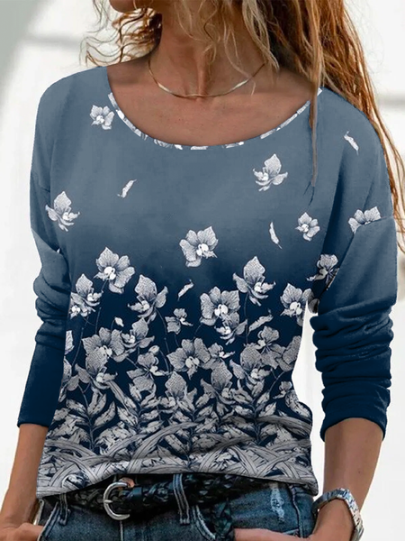 

Cotton Blends Vacation Long Sleeve T-shirt, Blue, T-Shirts