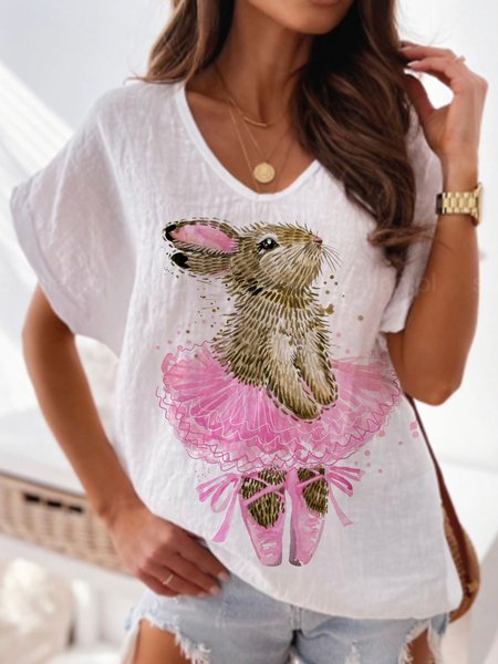 

Easter Bunny Print Casual V neck Raglan Sleeve T-Shirts & Tops, White, T-Shirts