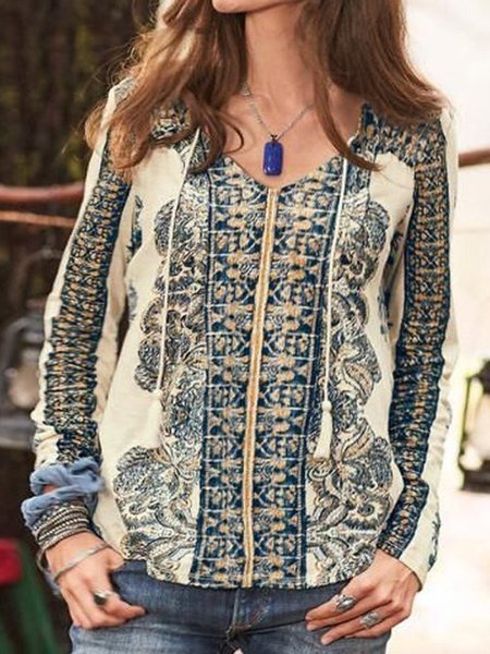 

Boho Tribal Pattern Long Sleeve Plus Size Casual Tops, Multicolor, T-Shirts
