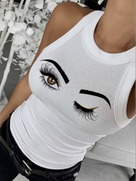 

Sleeveless Crew Neck Casual Knit Tank, White, Tank Top