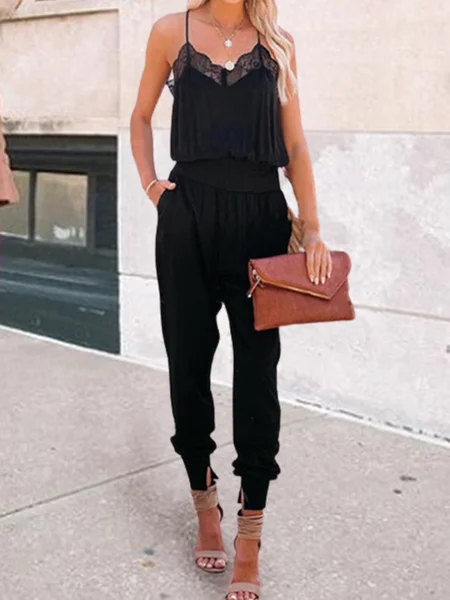 

V Neck Elegant Casual Jumpsuit & Romper, Black, Jumpsuits＆Rompers