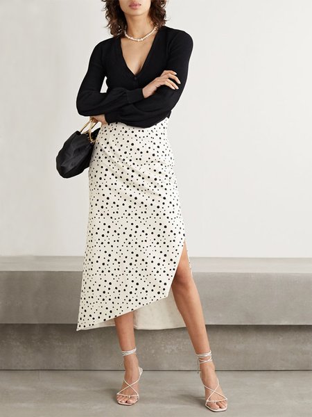 

V Neck Simple Long Sleeve Polka Dots Suit, Black-white, Dress&Skirts Set